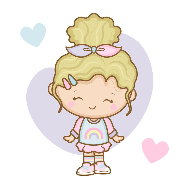 Desenho no estilo kawaii de linda garota com cabelo cacheado