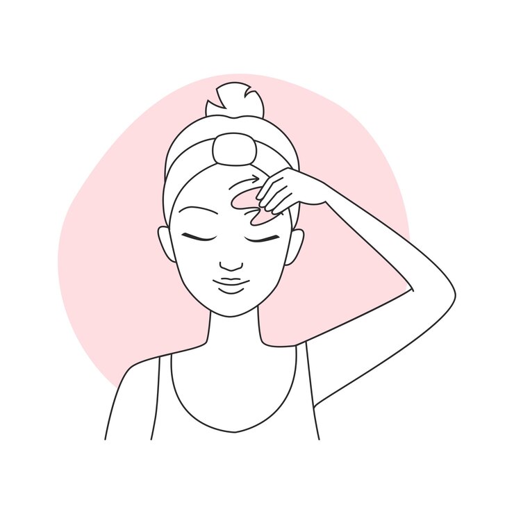 Vetor menina massagando a testa com uma flecha para a direita segurando uma pedra rosa gua sha