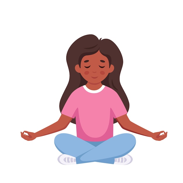 Menina meditando em pose de lótus yoga e meditação para crianças