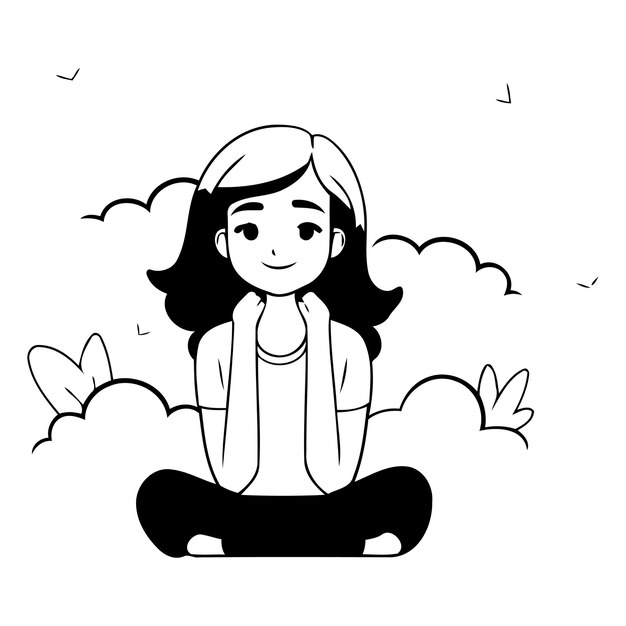 Vetor menina meditando em postura de lótus ilustração vetorial em estilo de desenho animado