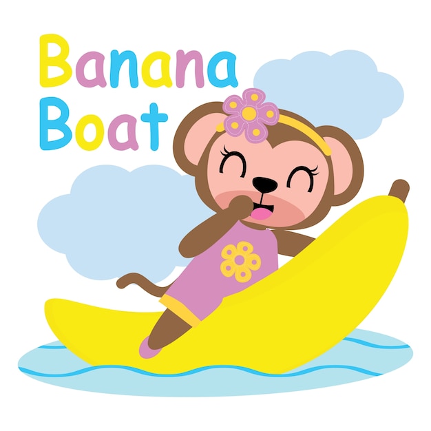 Menina monica linda em desenhos animados de vetor de banana boat