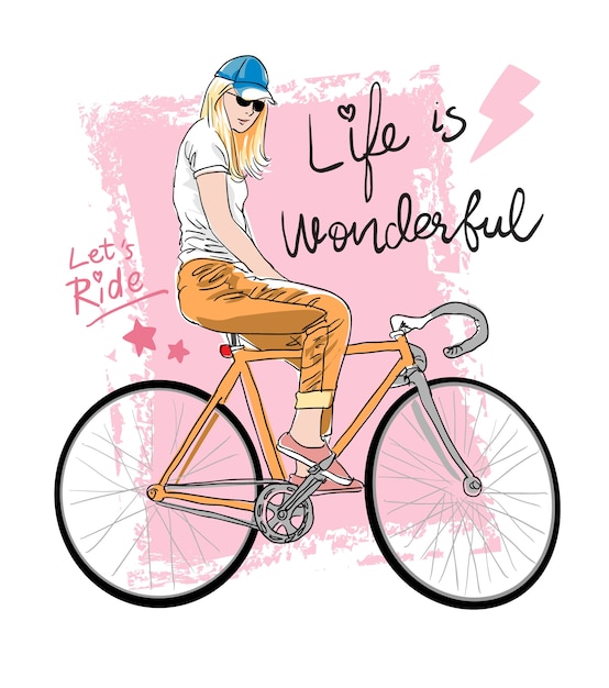 Menina, montando, bicicleta, ilustração