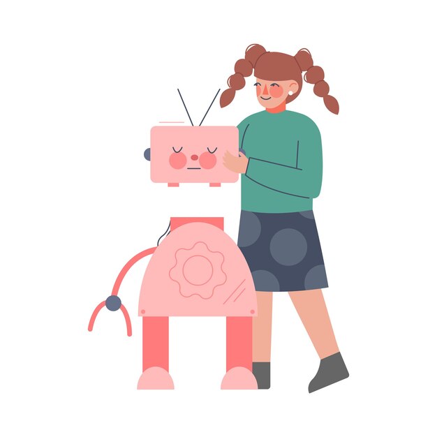 Vetor menina montando robô menina de escola trabalhando em um projeto educacional ilustração vetorial de estilo desenho animado