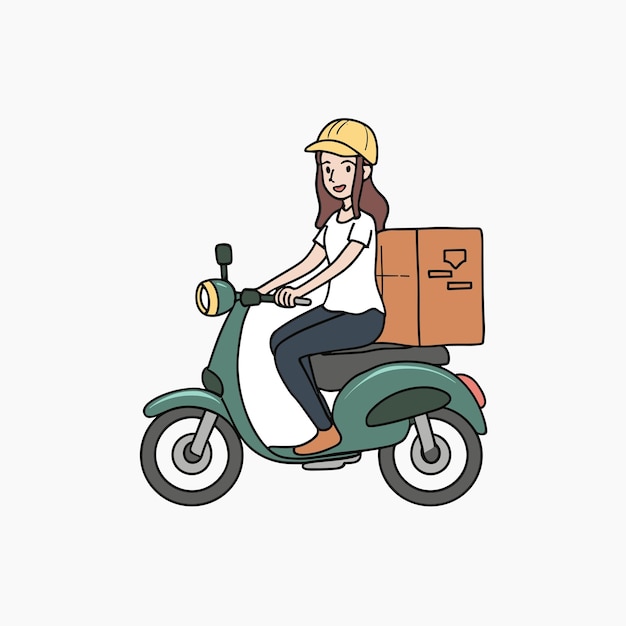 menina montando scooter com saco ilustração vetorial de desenho animado isolada em fundo sólido