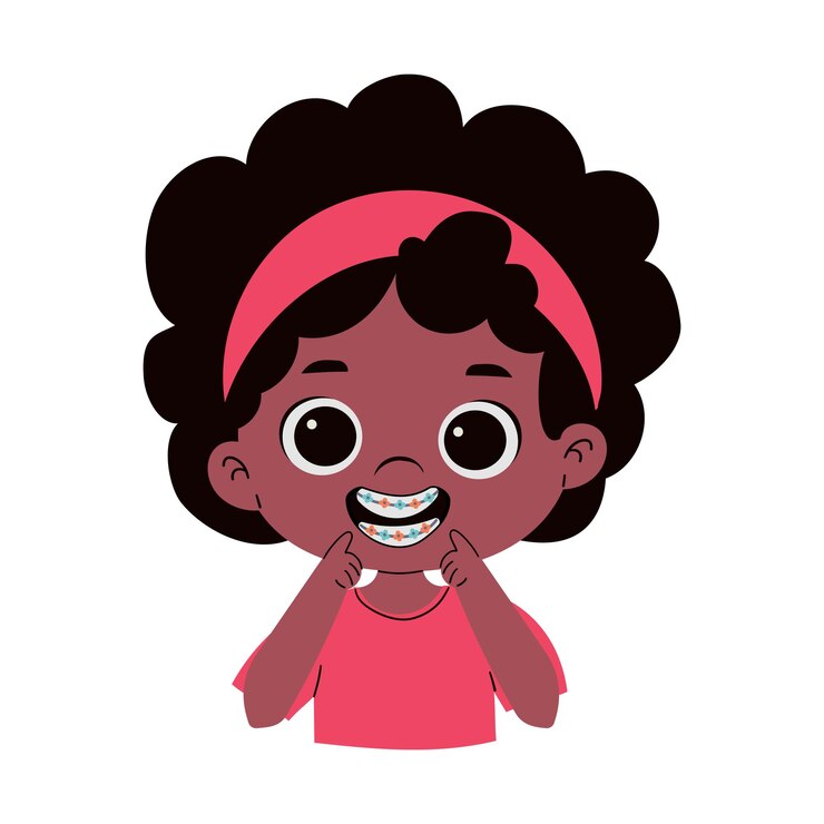 Vetor menina mostrando seu sorriso com aparelhos dentários menina atraente cuidados dentários diários ilustração desenhada à mão