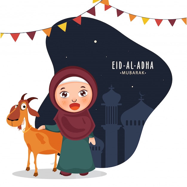 Menina muçulmana bonita com cabra dos desenhos animados e bandeiras da estamenha no fundo abstrato da mesquita da silhueta para a celebração de eid al-adha mubarak.