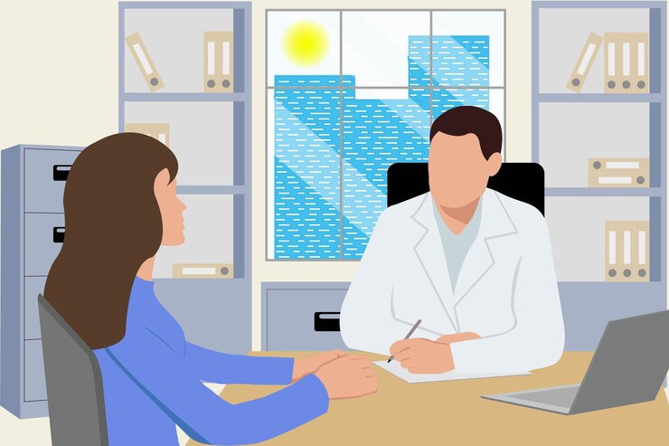 Vetor menina na consulta do médico o conceito de medicina cuidados de saúde imagem vetorial