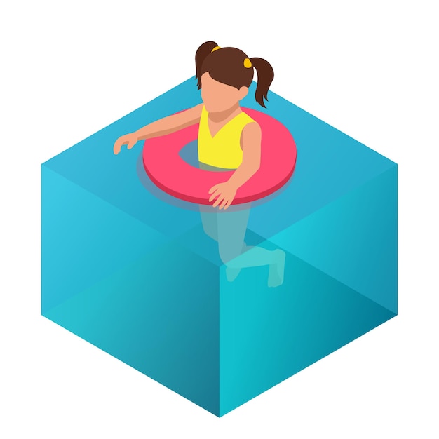 Menina nadando no anel inflável. Ilustração isométrica em vetor 3d plana.