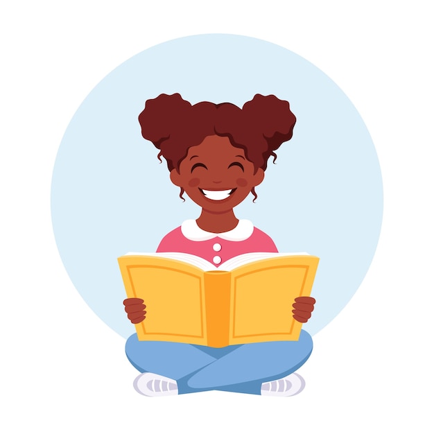 Menina negra lendo livro Menina estudando com um livro Ilustração vetorial