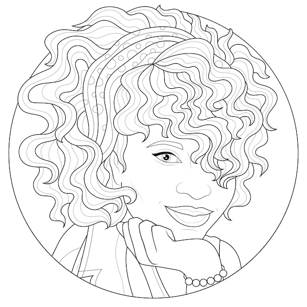 Vetor menina negra. livro para colorir anti-stress para crianças e adultos. ilustração isolada no fundo branco. estilo zen-emaranhado. sorteio de mão