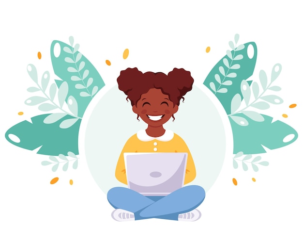 Vetor menina negra sentada com laptop aprendendo on-line de volta ao conceito de escola. ilustração vetorial