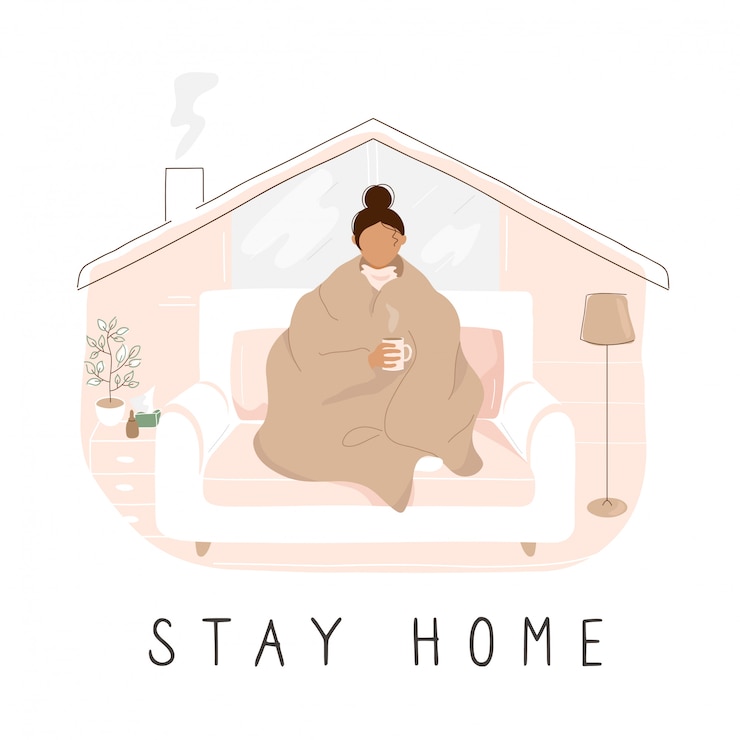 Vetor menina no cobertor no treinador e letras "stay home"