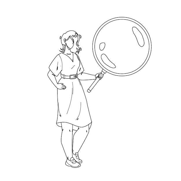 Menina olhando através da lupa ferramenta linha preta desenho vetorial. Jovem mulher segurando e olhando através da lupa para ler um livro ou pesquisar. Ilustração de lente de retenção de personagem