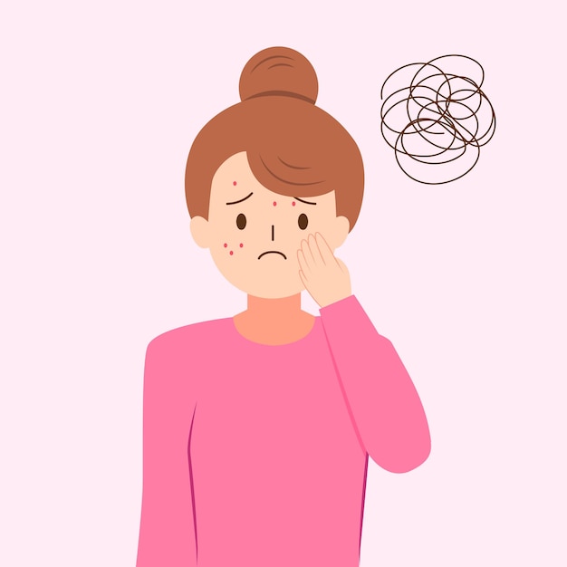 Menina ou mulher preocupada com espinhas no rosto, ilustração padrão de beleza, problema de acne, pele