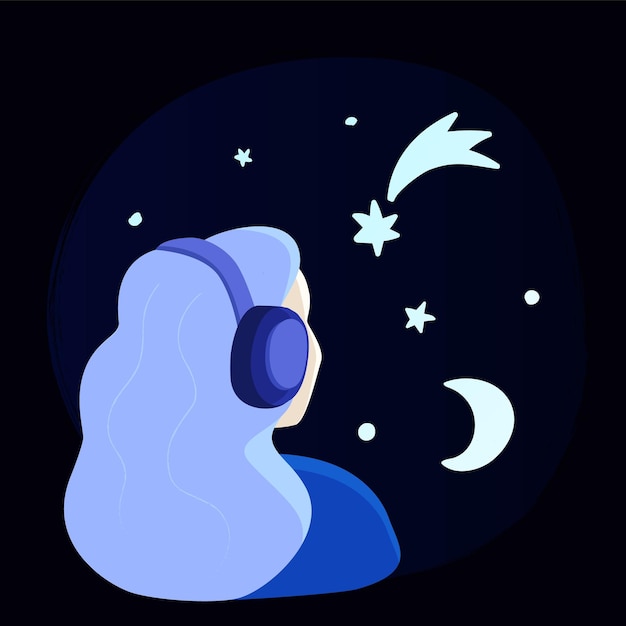 Vetor menina ouvindo música em fones de ouvido com a mente cheia de estrelas conceito de música lofi meditativa cósmica ilustração vetorial fundo moderno céu noturno estilo plano