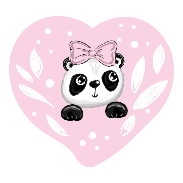 Vetor menina panda desenhada à mão com laço rosa bonito urso panda ilustração vetorial para crianças design de impressão camiseta infantil desgaste