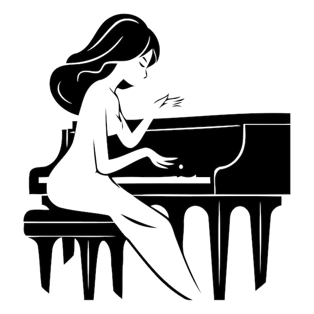 Menina pianista tocando o piano ilustração vetorial em estilo plano