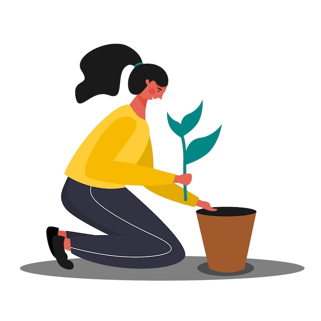 menina plantando flor na panela. ilustração de personagem plana de planta de jardinagem de mulheres.