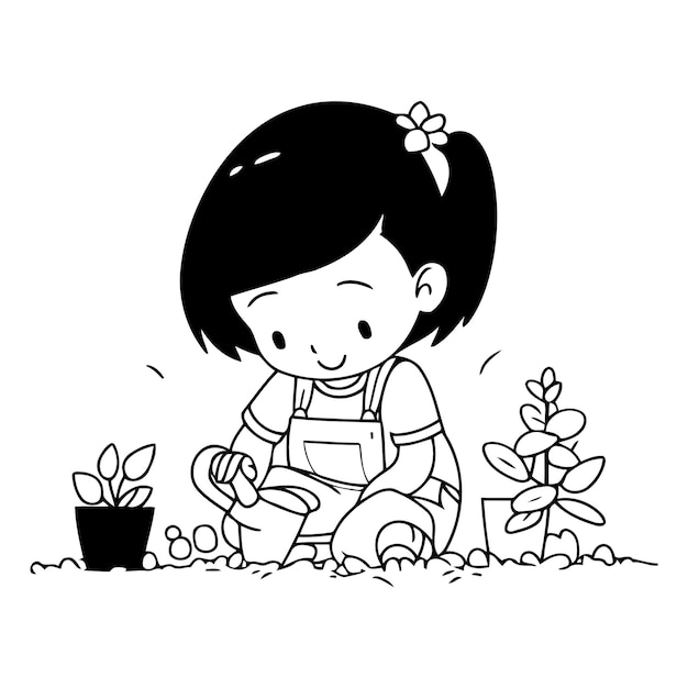 Vetor menina plantando no jardim de uma criança plantando