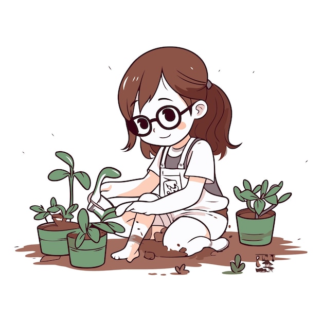 Vetor menina plantando uma planta de casa no jardim