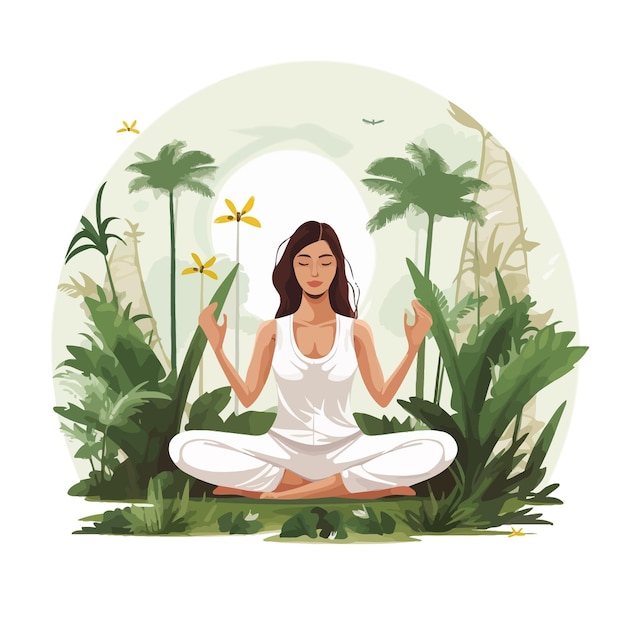 Vetor menina_practicando_yoga_no_jardim_vector