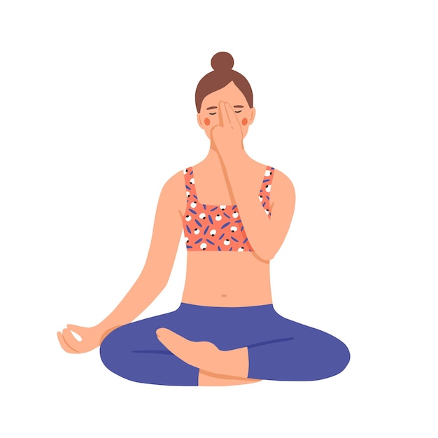 Vetor menina praticando pranayama. mulher jovem usa uma técnica especial de respiração. personagem fazendo ioga em posição de lótus. relaxamento e controle da respiração. ilustração vetorial colorida em estilo cartoon plana.