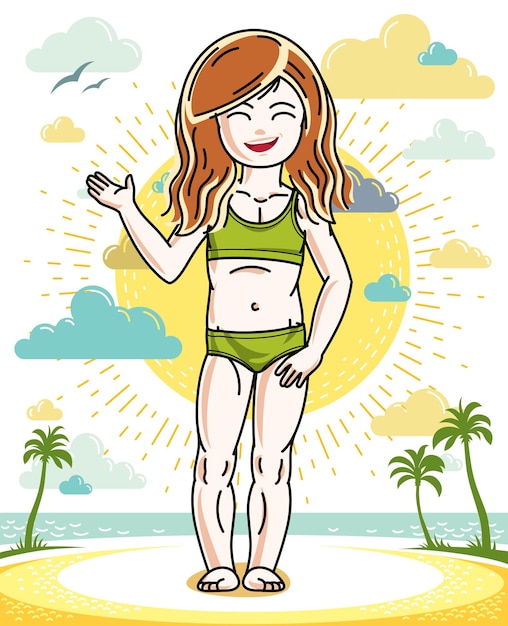 Menina ruiva criança bonita de pé em uma praia tropical com palmeiras. vector ilustração humana muito bonita. tempo de verão e tema de férias.
