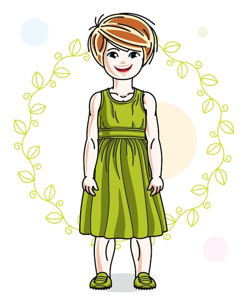 Menina ruiva feliz posando no fundo da primavera com folhas verdes e vestindo roupas casuais da moda. personagem de vetor.