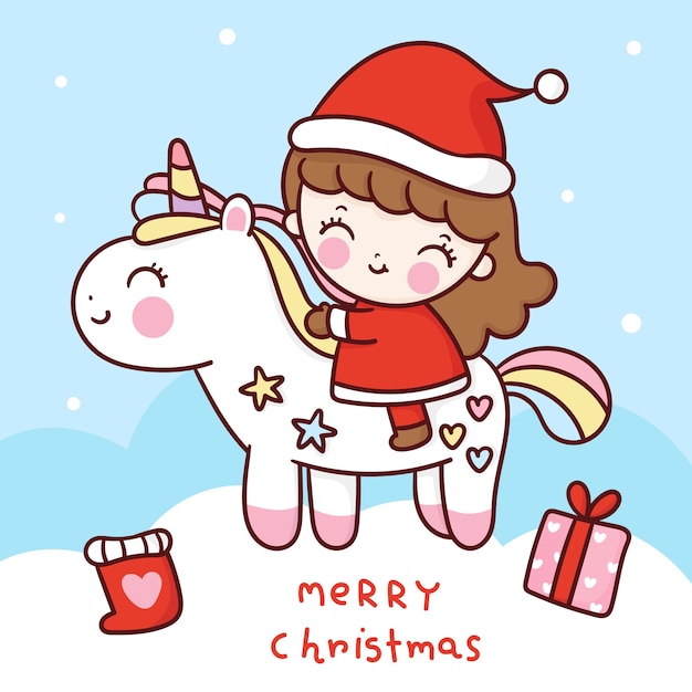 menina santa passeio desenho animado unicórnio com presente de natal estilo kawaii