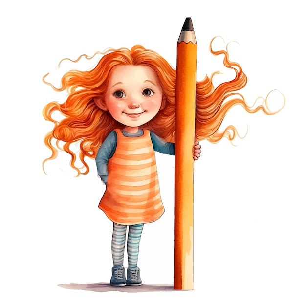 Vetor menina segurando lápis gigante em aquarela