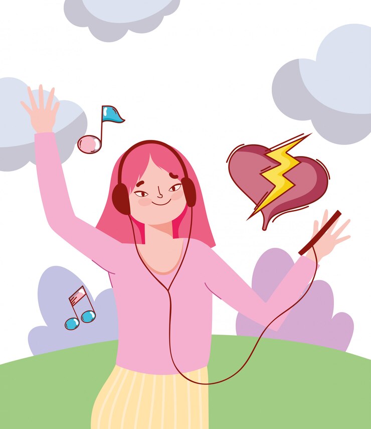 Vetor menina, segurando, móvel, e, fones, escutando música, ao ar livre, ilustração
