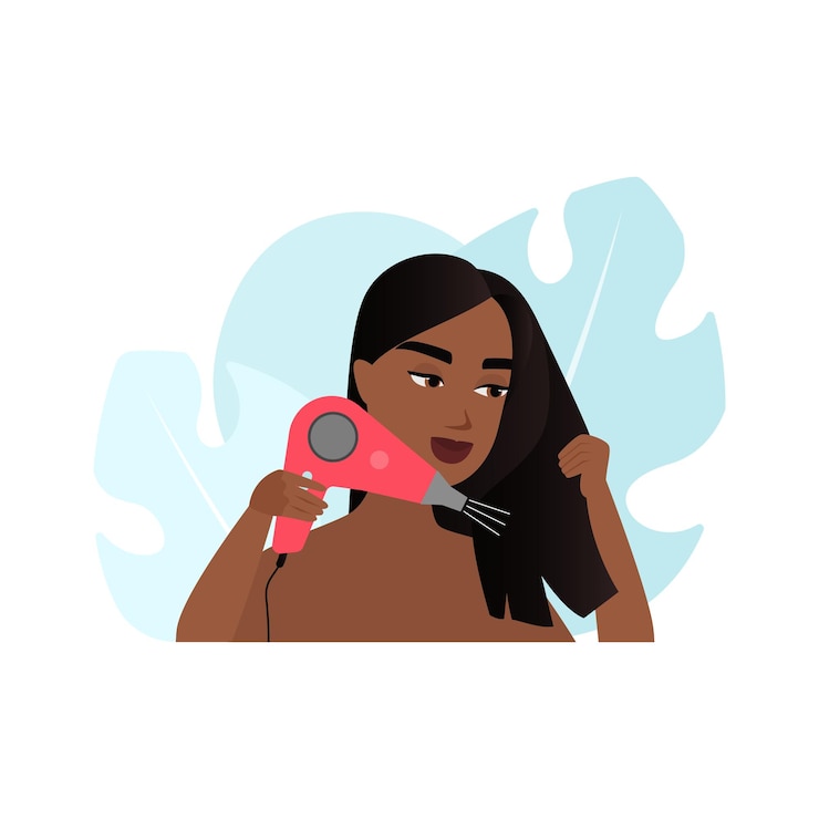 Vetor menina segurando um fio de cabelo para secar com um secador de cabelo depois de lavar