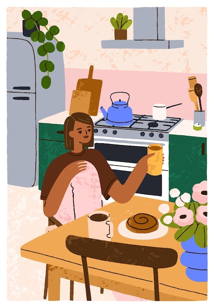 Menina sentada à mesa com xícara de chá e rolo na cozinha aconchegante jovem mulher negra com xícara de café e bolo doce padaria durante o pequeno-almoço calma manhã relaxada em casa hygge ilustração vetorial plana