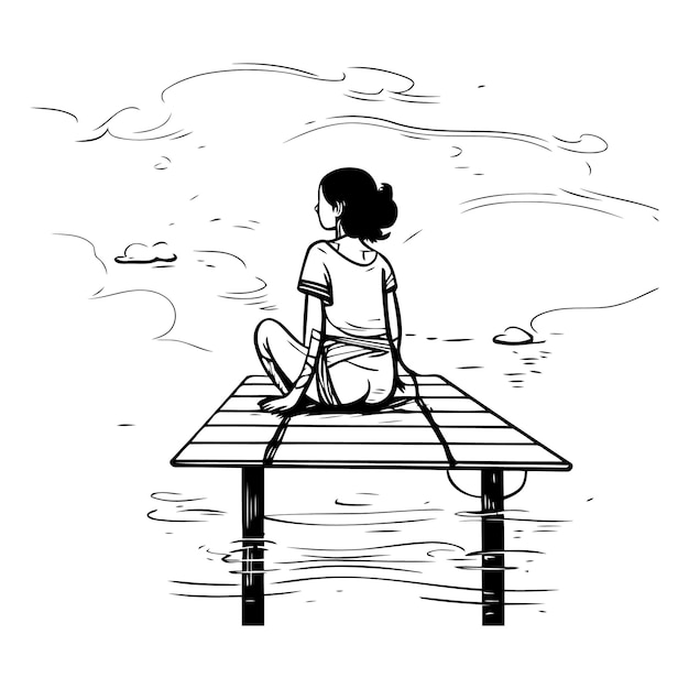 Vetor menina sentada em um cais de madeira e olhando para o mar