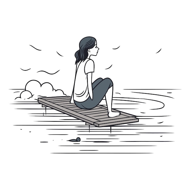 Vetor menina sentada em um pontão no mar