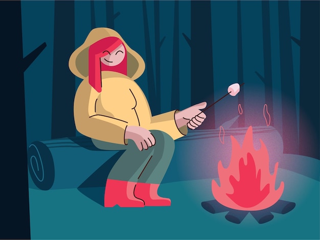 Vetor menina sentada em uma fogueira na floresta à noite