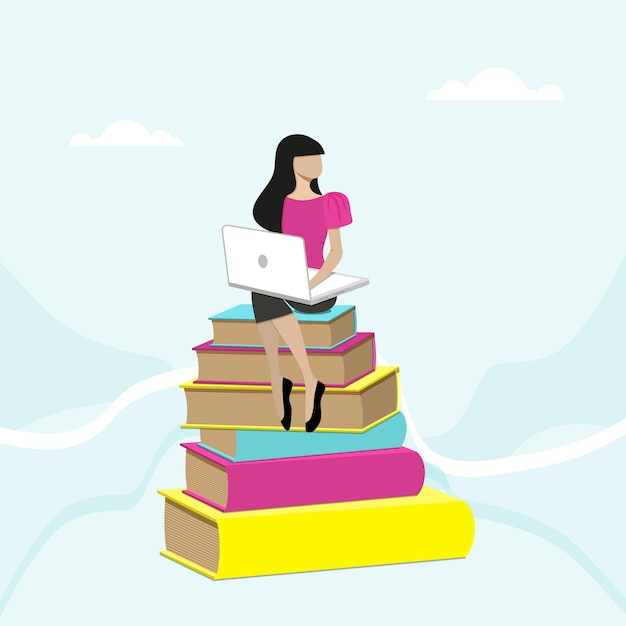 Menina sentada na pilha de livros com o laptop. Ilustração plana do conceito de e-learning e tutorial.