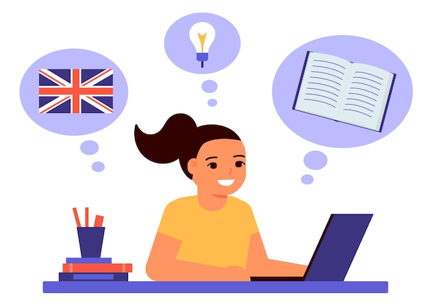 Menina sentada no laptop e aprende uma aula de inglês