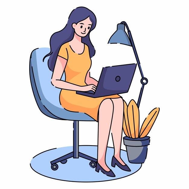 Vetor menina sentada trazer laptop desenho plano ilustração vetorial