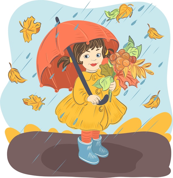 Menina sob o guarda-chuva com folhas de outono. Ilustração de outono.