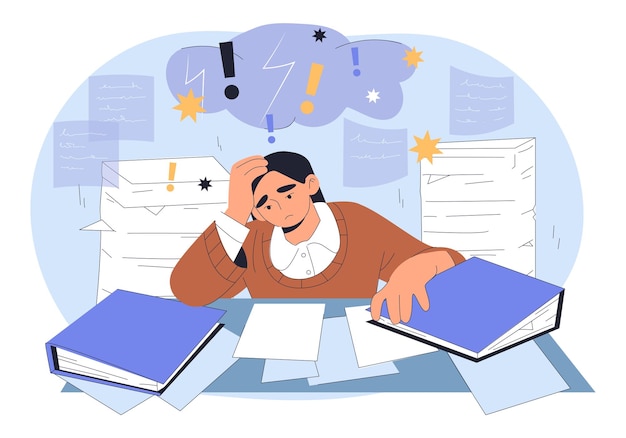 Menina sobrecarregada de trabalho com os estudos Menina de escola com dor de cabeça e enxaqueca Sentimentos e emoções negativos Depressão e frustração Ilustração vetorial plana
