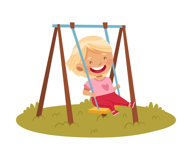 Menina sorridente balançando no playground desfrutando da temporada de verão quente Ilustração vetorial