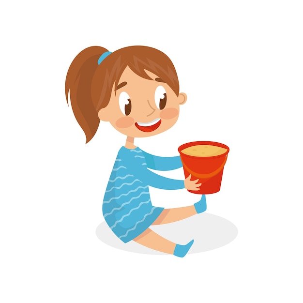 Menina sorridente brincando com balde para criança de areia em um playground vector illustration sobre um fundo branco