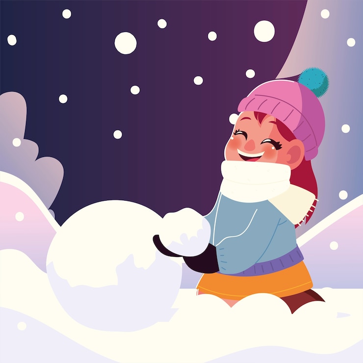 Vetor menina sorridente com bola de neve na ilustração vetorial de inverno