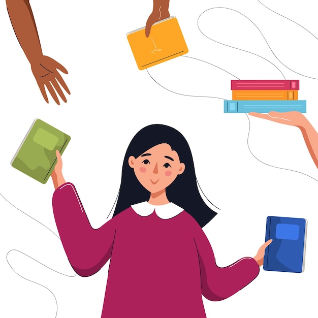 Menina sorridente dando livros. conceito de livros, bookcrossing, educação, leitura, desenvolvimento, doação