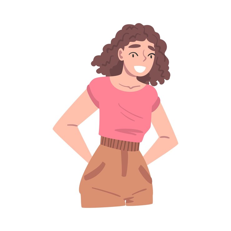 Vetor menina sorridente feliz de pé com as mãos nos quadris mulher jovem sentimentos positivos emoções humanas conceito ilustração vetorial de desenho animado