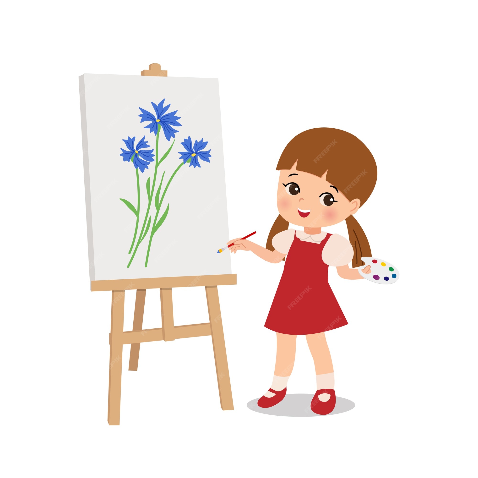 Ilustração vetorial de uma garota de desenho animado pintando uma flor em  uma tela com um pincel