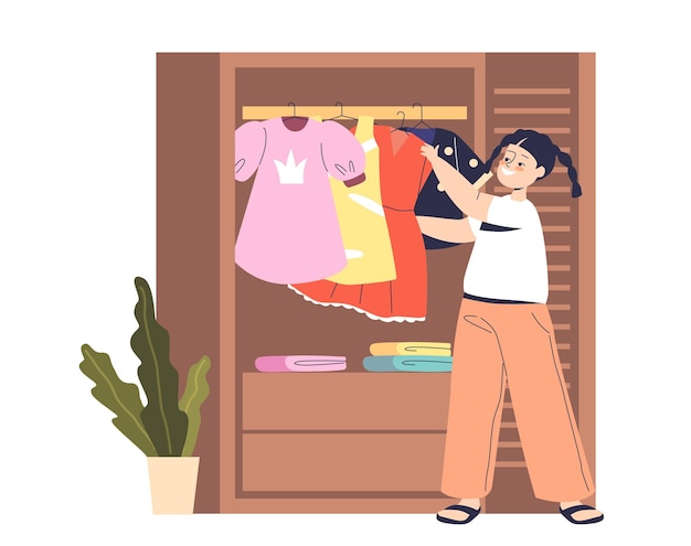 Menina tirando o vestido do guarda-roupa feliz sorrindo Criança se vestindo para evento festivo ou feriado Garoto bonito tentando roupas novas Ilustração em vetor plana dos desenhos animados