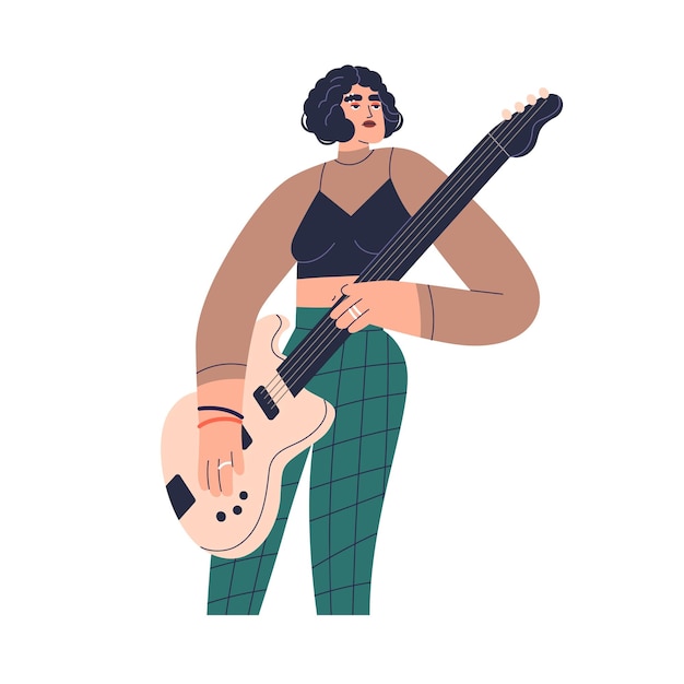 Vetor menina tocando guitarra elétrica. músico de rock, guitarrista tocando música no instrumento de cordas. artista artista moderno, roqueira feminina. ilustração vetorial plana isolada no fundo branco