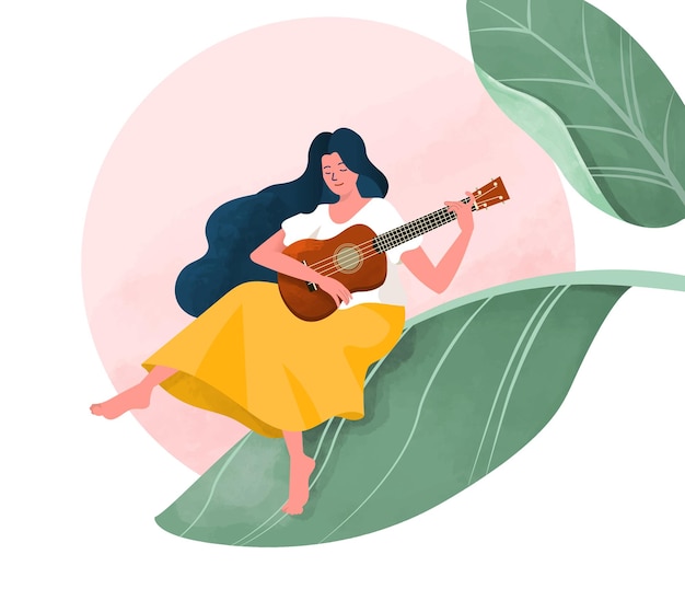 Menina tocando violão nas folhas. Ilustração vetorial